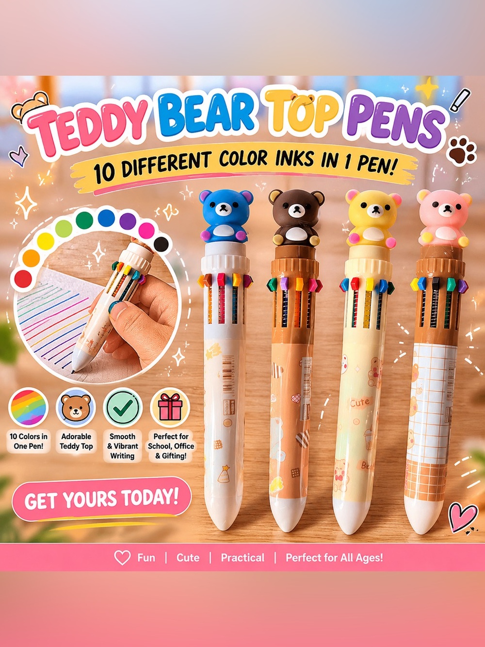 Teddy Bear Top 10-Color Multi Ink Pen - Choose One